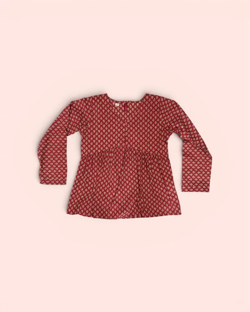 Crimson Red Ditsy Boota Block Print Peplum Top