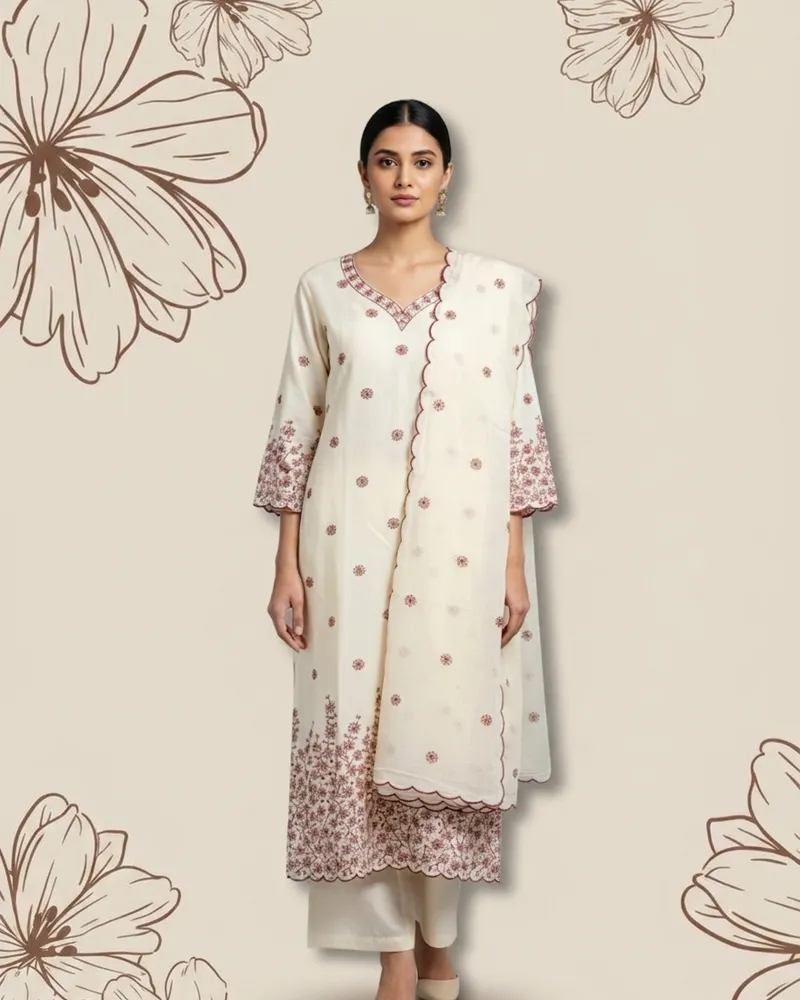Ivory Embroidered Cotton Suit Set with Dupatta