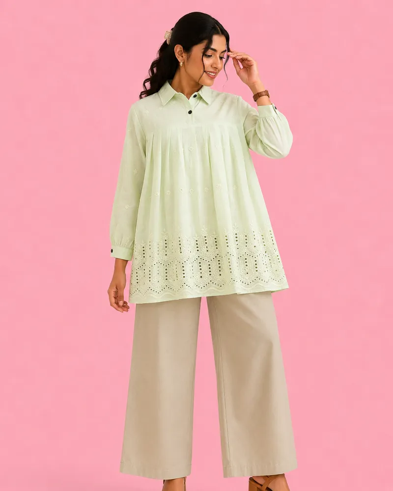 Pastel Green Schiffli Embroidered Tunic Top